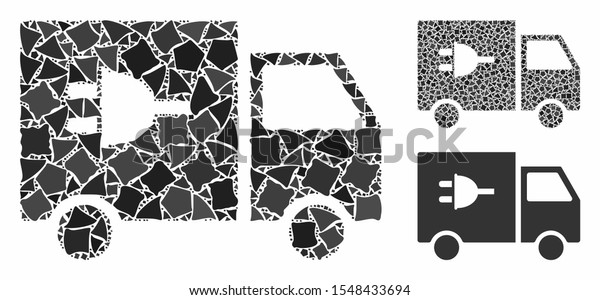 Electric car mosaic of joggly items in different\
sizes and color tinges, based on electric car icon. Vector tuberous\
items are combined into collage. Electric car icons collage with\
dotted pattern.