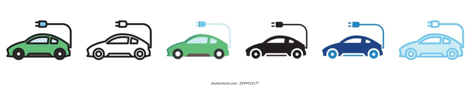 Electric Car multi style, mini illustration icon set. outline, flat, glyph, line color, UI, UX, app and web, digital or print. vector EPS 10 related to EV, electric car, transportation.