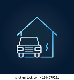 Electric car near blue house vector creative icon in thin line style on dark background
