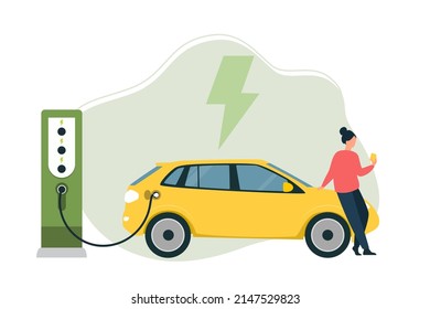  Electric car near charging station. Renewable energy concept. Vector illustration.