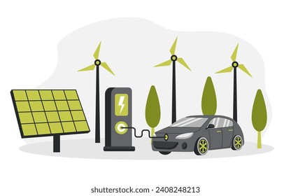 Electric car near charging station. Green energy. Smart grid. Renewable. Concept with windmills and solar energy panels.