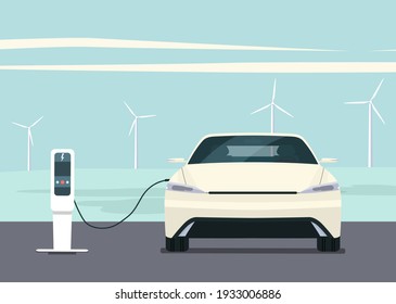 Electric car on the background of an abstract landscape and wind turbines. Vector flat style illustration.