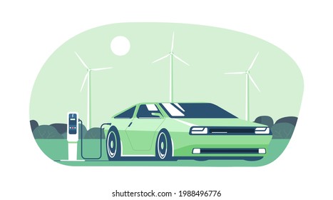 Electric car on the background of an abstract landscape and wind turbines. Vector flat style illustration.