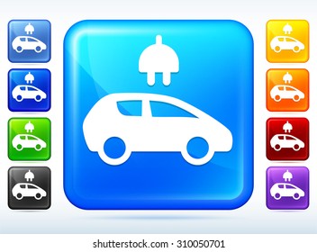 Electric Car on Blue Square Button
