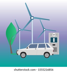 Electric car on charge. Wind farm. Vector illustration