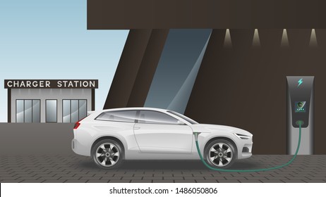 Electric car on charger station. Charger station for electric car. Vector illustration 