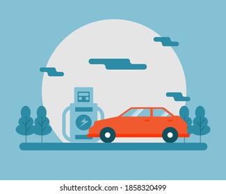 Electric car on charging station concept. Cartoon vector style for your design