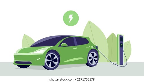 Electric car on charging station with green skyline. Battery EV vehicle plugged and getting electricity. Vehicle being charged. Editable vector illustration