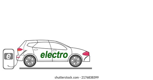 Electric car on charging station with green city street skyline. Battery EV vehicle plugged and getting electricity from renewable power generations solar panel, wind turbine. Vehicle being charged.