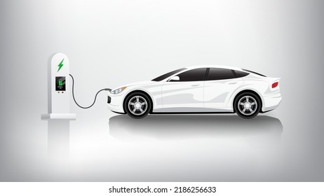 Electric car on charging station Electromobility e-motion for green city concept flat vector illustration design for website banner isolated on white background.