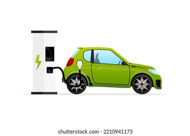 Electric car on Charging Station. Vehicle being charged. Battery EV vehicle plugged and getting electricity. Vector illustration.
