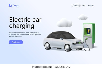 Electric car on charging station website 3D illustration vector. Electric car inserts the electrical connector to charge the batteries. Banner, advertising