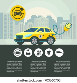 Electric car on city background. City car. Vector illustration. Set of vector pictograms.