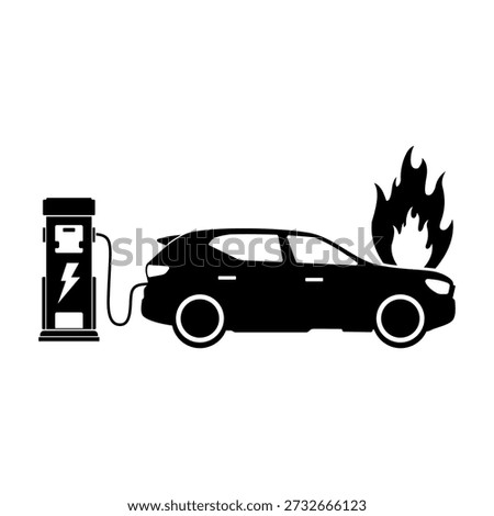 Electric Car On Fire With Charging Station Accident Insurance Black Icon Vector