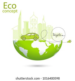 Electric car on the globe against the backdrop of the city. The symbol for recirculation. Ecologically clean world. Illustration of ecology concept of information graphics. Simple minimalist style.