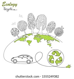 Electric car on the globe. Drawn black white logo in doodle style electric car, trees, globe and birds. Recycling symbol. Environmentally friendly world. Vector illustration of ecology. Hand. Handmade