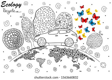 Electric car on the globe. Drawn black white logo in doodle style electric car, trees, globe and birds. Recycling symbol. Environmentally friendly world. Vector illustration of ecology. Hand. Handmade