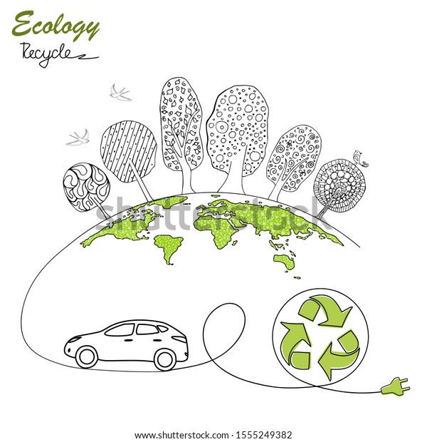 Electric car on the globe. Drawn black white\
logo in doodle style electric car, trees, globe and birds.\
Recycling symbol. Environmentally friendly world. Vector\
illustration of ecology. Hand.\
Handmade