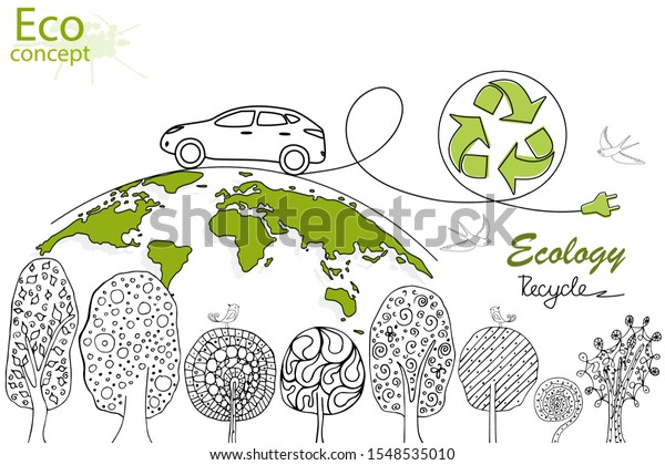 Electric car on the globe. Logo drawn electric\
car, trees, globe and birds in doodle style. Recycling symbol.\
Environmentally friendly world.Vector illustration of ecology the\
concept of info\
graphics