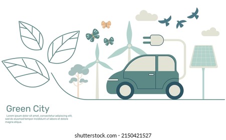 Electric Car on line leaf Green city with ecology earth nature conservation. Vector design illustration.