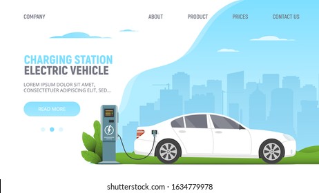 Electric car on parking charging station on cityscape background. Green power. Eco. Modern technology and environment care concept. Web page template with white electric car. Vector illustration.