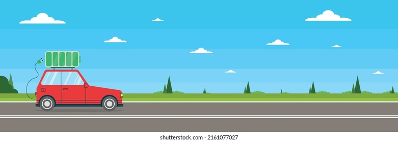 Electric car on the road. Concert of electric transport. Panoramic illustration. Empty space on the illustration.