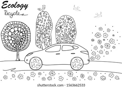 Electric car on the road. Drawn black white logo in doodle style electric car, trees, globe and birds. Recycling symbol. Environmentally friendly world. Vector illustration of ecology. Hand. Handmade