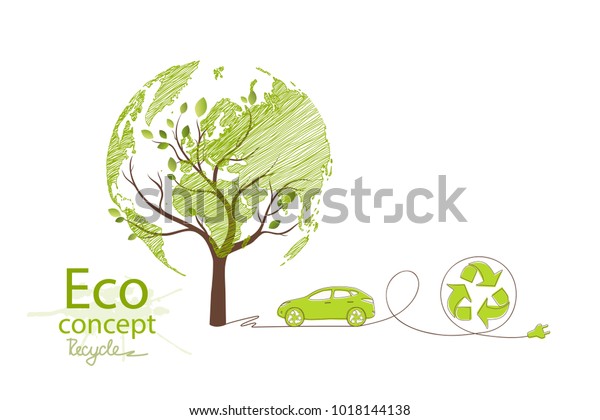 Electric car on a white background. Recycling\
symbol. Environmentally friendly world. Illustration of ecology the\
concept of info graphics. Icon. Simple modern minimalistic\
style.