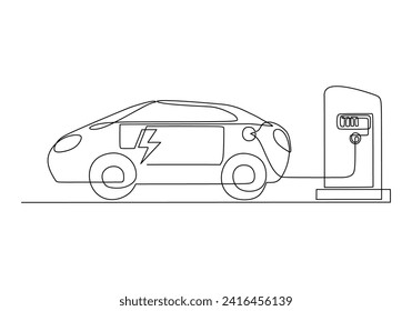 Electric car one line drawing. Continuous single outline vehicle with battery. Charging energy concept.