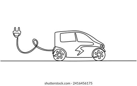 Electric car one line drawing. Continuous single outline vehicle with battery. Charging energy concept.