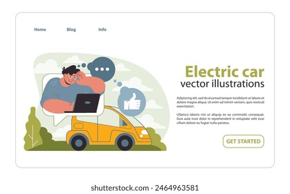 Electric Car Online Engagement Illustration. This vector highlights the digital conversation around electric vehicles, emphasizing the positive public sentiment and modern connectivity.