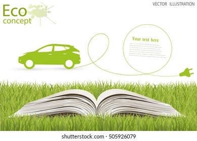 Electric car. Open book on grass. Environmentally friendly world. Vector illustration of ecology the concept of infographics modern design. the icon and sign. ecological concepts