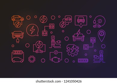 Electric Car outline colored horizontal banner. Vector illustration on dark background