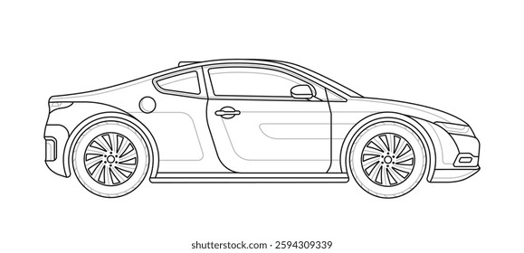 Electric car outline diagram. Hybrid car blueprint template. Side view. Blank mockup or layout of vehicle for branding. Eco-friendly sedan. Linear vector illustration isolated on background