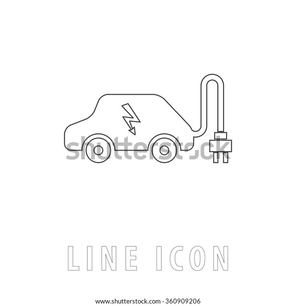 Electric car Outline simple vector icon on\
white background. Line pictogram with text\
