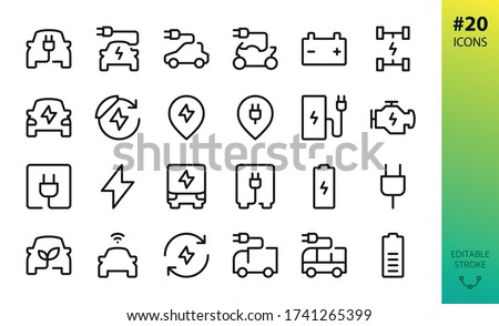 Electric car outline vector icon. Set of e car, electric bus, truck, vehicle, auto, charge station parking, engine, plug, battery, eco transport, autopilot, smart car isolated editable stroke icon