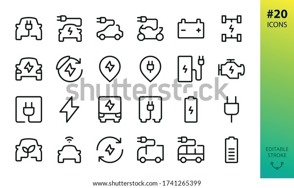 Electric car outline vector icon. Set of e car,\
electric bus, truck, vehicle, auto, charge station parking, engine,\
plug, battery, eco transport, autopilot, smart car isolated\
editable stroke icon