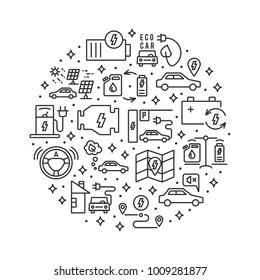 Electric car outline vector icons set. Electro Vehicle, Ecologic Transport, Solar Energy, Green Technology. Circle Background for Banner, Website, Print, Interface.