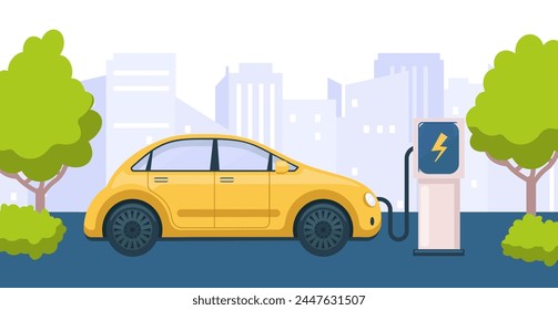 Electric car park and charge battery at station. Vector of auto plug transport, eco automobile illustration, cable renewable, charge or recharge modern