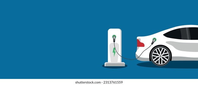 electric car parked and charging, charging station illustration side view