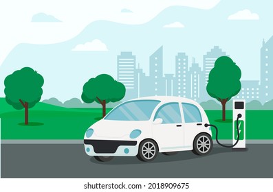 Electric car with parking at the charger station. Modern technology and environmental care concept. Eco electric car. Flat illustration EPS 10