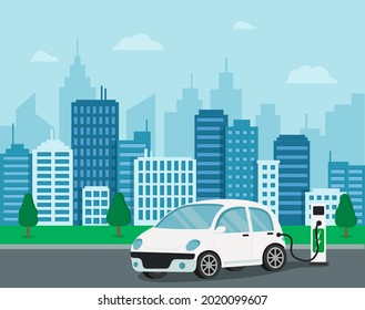 Electric car with parking at the charger station. Modern technology and environmental care concept. Eco electric car. Flat illustration EPS 10