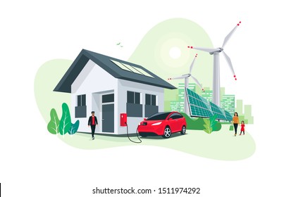 Electric car parking charging at home wall box charger station on house with a man. Renewable energy storage with wind turbines and solar panels smart city skyline in background. Vector illustration. 