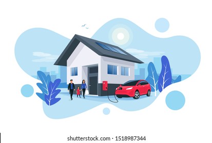 Electric car parking charging at home wall box charger station on house with a family. Renewable energy storage with solar panels and smart city skyline in background. Vector illustration. 