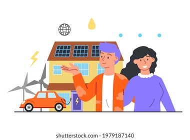 Electric Car Parking Charging At Home Wall Box Charger Station On House. Renewable Energy Storage With Solar Panels. Flat Abstract Metaphor Outline Cartoon Vector Illustration Concept Design. Simple