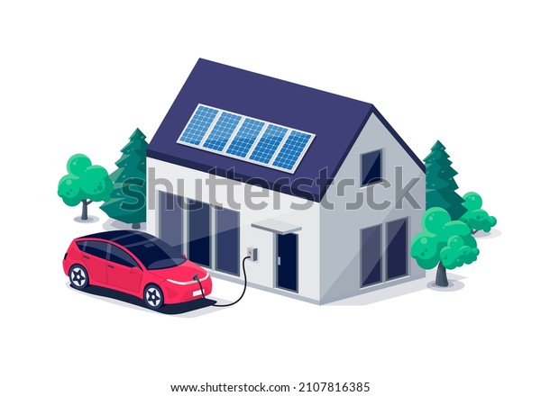 Electric car parking charging at home wall box\
charger station on residence family house. Energy storage with\
photovoltaic solar panels on building roof. Renewable smart power\
electricity backup\
grid.