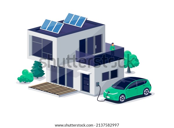 Electric car parking charging at home wall box\
charger station on modern residence family house. Energy storage\
with photovoltaic solar panels on building roof. Renewable power\
electricity backup\
grid