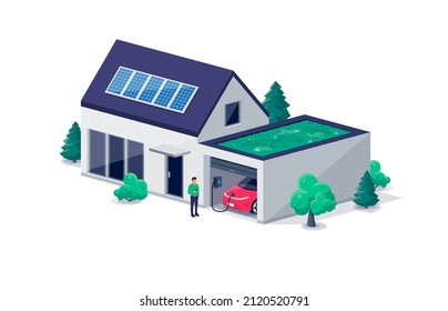 Electric car parking charging inside home garage and green roof wall box charger station. Residence family house building with clean energy photovoltaic solar panels. Renewable smart power electricity svg