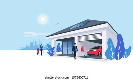 Electric car parking charging at smart house garage wall box charger station stand at family home. Renewable energy storage with solar panels and city skyline in background. Vector illustration. 