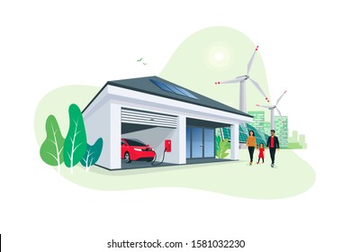 Electric car parking charging at smart house garage wall box charger station stand at family home. Renewable energy solar panels and wind turbines city skyline in background. Vector illustration. 